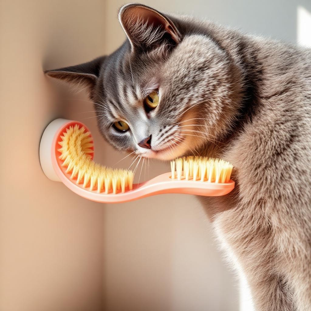 PurrBrush corner brush installed with a curious cat